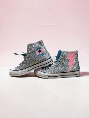 Poshmark - Sale‼️ Converse Silver Glitter High-Top Sneakers with Pink Lightning